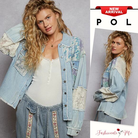 POL Lace Details Printed Woven Mix Raw Hem Pockets Buttoned Denim Jacket | Blue - Picture 1 of 5